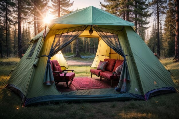 Camping en plein air voyage en tente relaxation repos campement dans la forêt