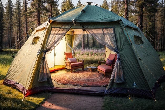 Camping en plein air voyage en tente relaxation repos campement dans la forêt