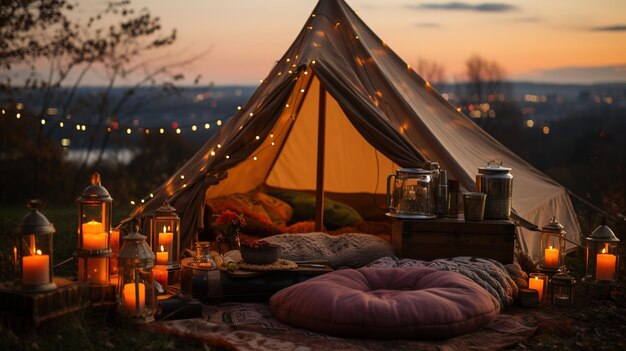 Camping romantique IA génératif avec couverture d'oreillers et lumières de lanterne Vue sur la ville le soir