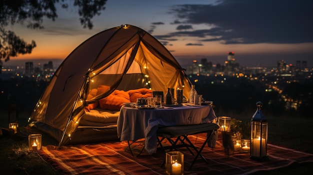 Camping romantique IA génératif avec couverture d'oreillers et lumières de lanterne Vue sur la ville le soir