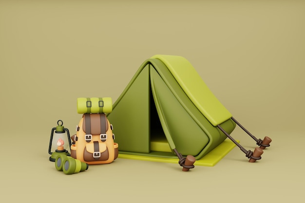 Camping avec sac à dos de voyage pour tente de camping touristique et éléments pour un voyage de camp d'été minimal 3d