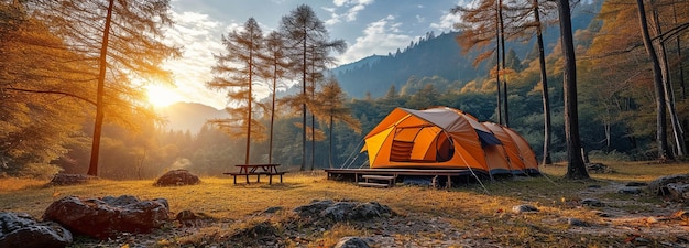 Camping sous tente dans une forêt sous un ciel bleu et ensoleillé