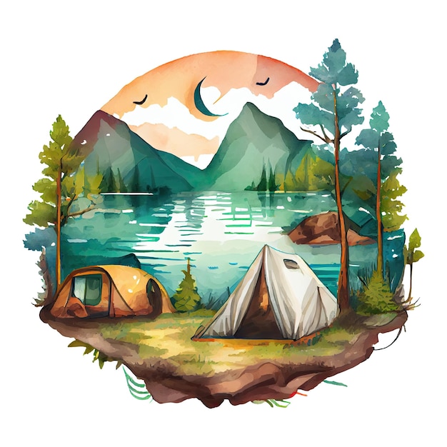 Camping de tente de camping aquarelle avec feu de camp lac rivière nature paysage illustration