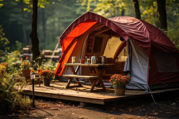 Camping tente de pique-nique terrain de camping dans la forêt de randonnée en plein air Generative AI