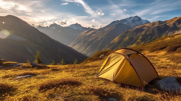 Camping de tente touristique dans les montagnes IA générative