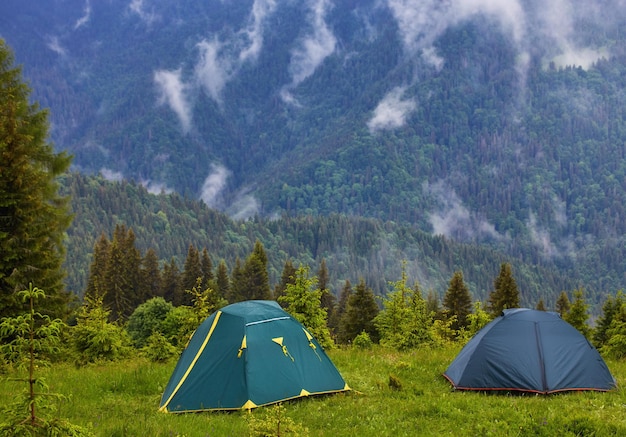 Camping et tentes en forêt à la montagne