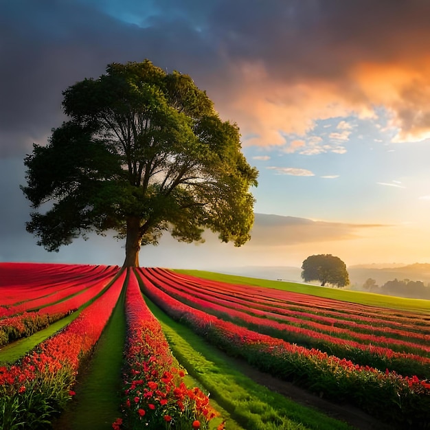 Photo campo incolto in centro a una radura con un mazzo di fiori rossi in un angolo cielo in tempesta