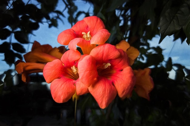 Campsis fleurs parmi les feuilles contre le ciel Illustration