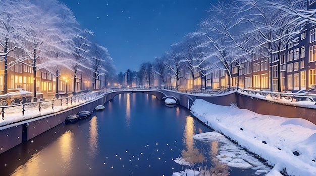 Canal d'Amsterdam la nuit avec des lumières et des chutes de neige Pays-Bas