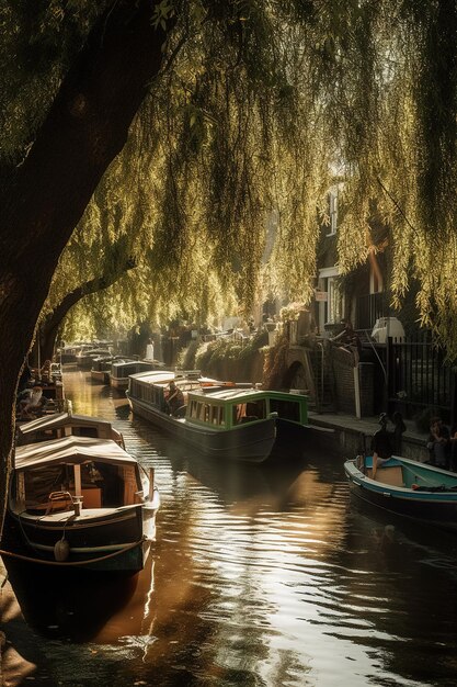 canal aux pays-bas avec des bateaux et des arbres Generative AI