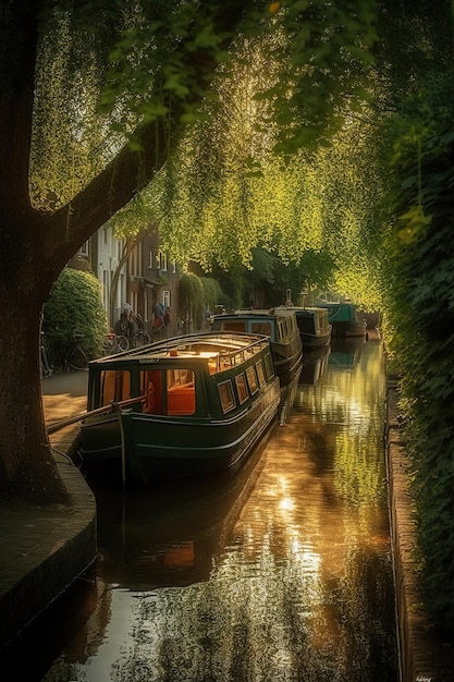 canal aux pays-bas avec des bateaux et des arbres Generative AI