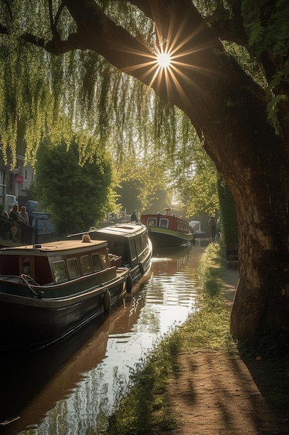 canal aux pays-bas avec des bateaux et des arbres Generative AI