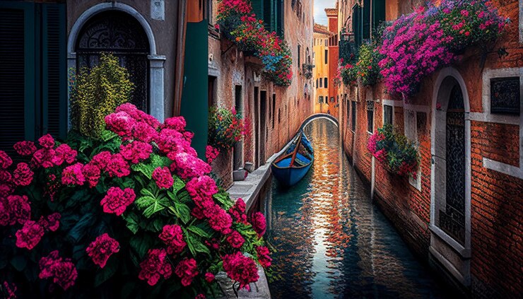 Photo un canal avec un bateau dedans