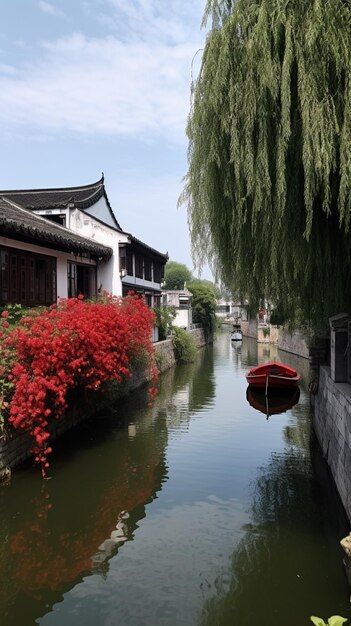 Photo un canal avec un bateau rouge au premier plan et un arbre à fleurs rouges.