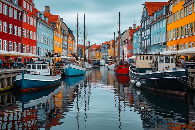 Canal avec des bateaux amarrés près d'un bâtiment coloré