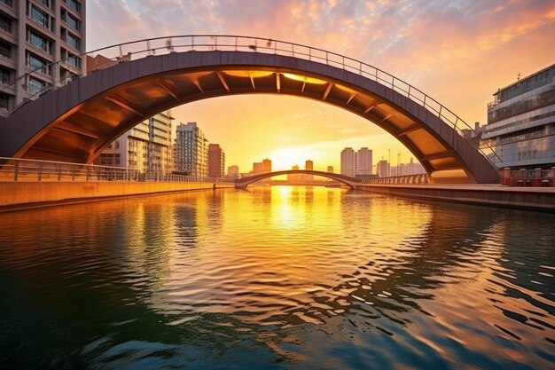 Canal d'eau de Dubaï et pont coloré au lever du soleil en novembre 2017