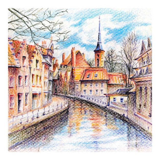 Canal et église de Bruges, Belgique