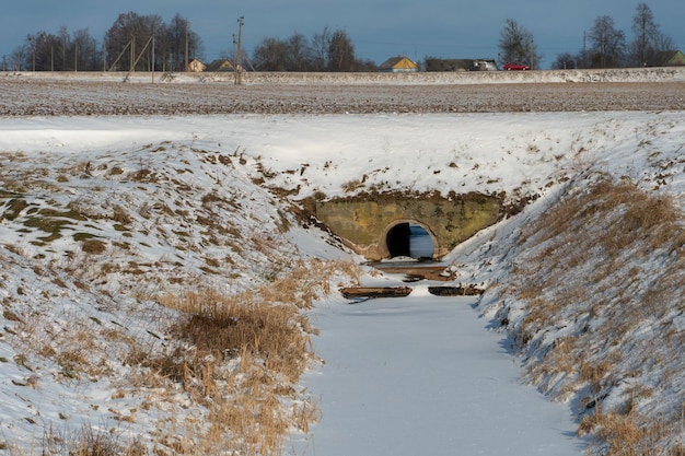 Canal d'irrigation le long d'un champ agricole en hiver recouvert de neige et de glace Paysage d'hiver agrocomplex eco friendly Usines de traitement des eaux usées