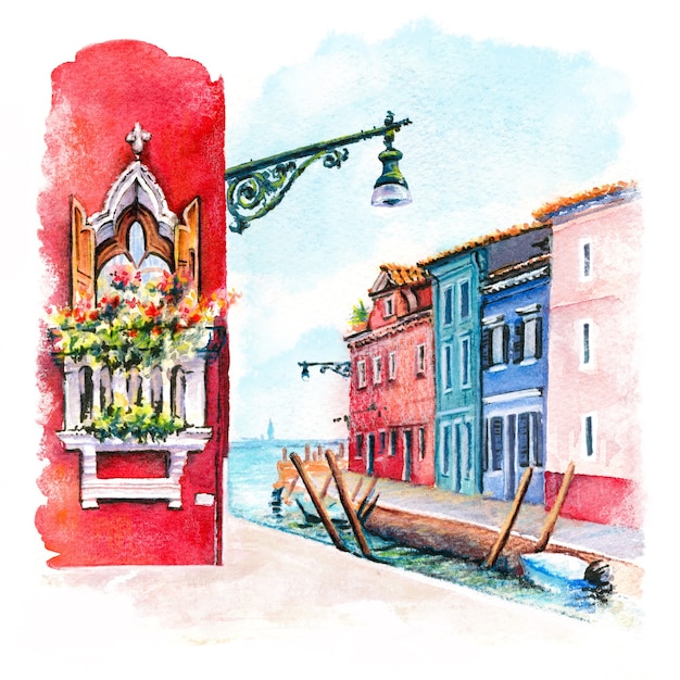 Photo canal et maisons lumineuses sur l'île de burano, venise, italie