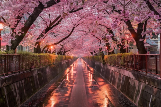 Le canal de Meguro, à Tokyo, au Japon, est bordé de fleurs de cerisier.