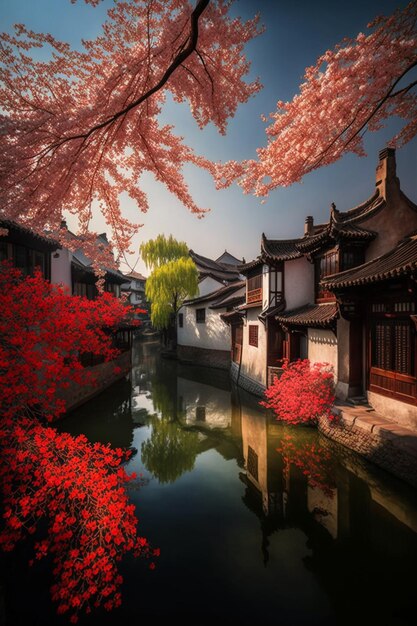 Un canal avec un pont et un arbre à fleurs rouges