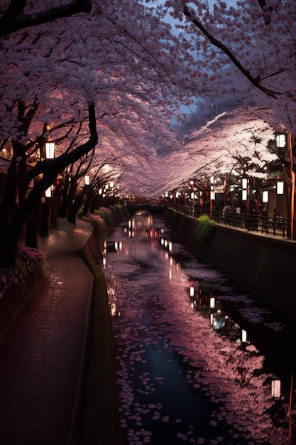 Un canal avec une rivière et un pont avec des fleurs roses