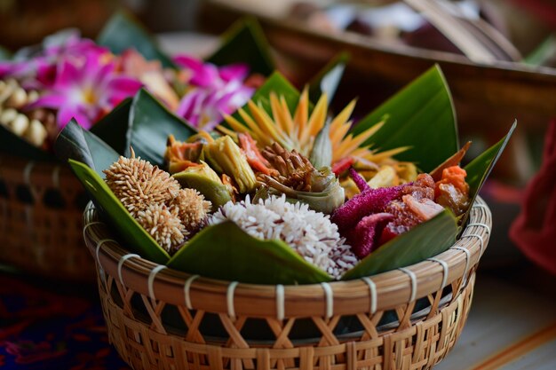 Canang sari et fleurs pour la célébration de Nyepi