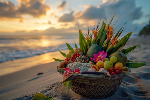 Canang sari et fleurs pour la célébration de Nyepi