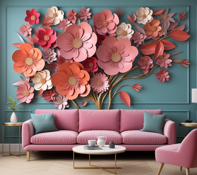 Un canapé aux couleurs vives devant un mur avec des fleurs en papier générative ai