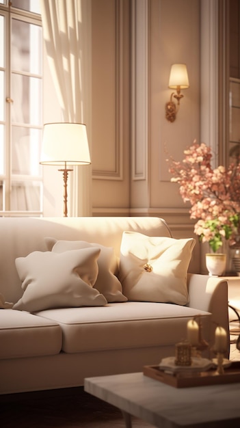 Un canapé beige dans un grand salon dans le style de l'éclairage émotionnel