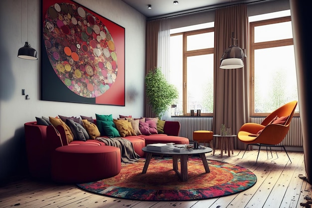 Avec un canapé beige un tapis rond et un fauteuil rouge le salon est décoré de couleur