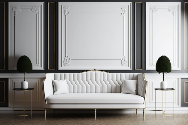 Canapé blanc classique et mur décoratif dans le salon