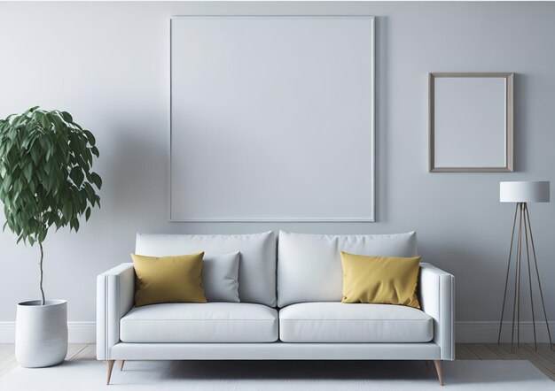 Un canapé blanc avec un coussin blanc dessus et un grand tableau au mur.