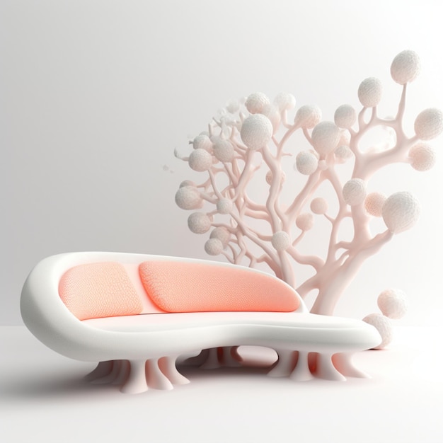 Un canapé blanc avec des coussins roses est assis devant un arbre.