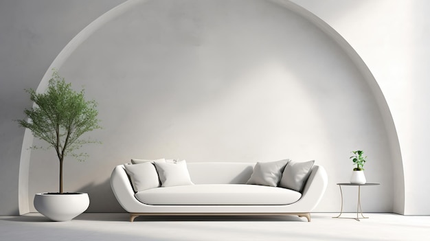 Canapé blanc incurvé dans une pièce avec un intérieur minimaliste en arc