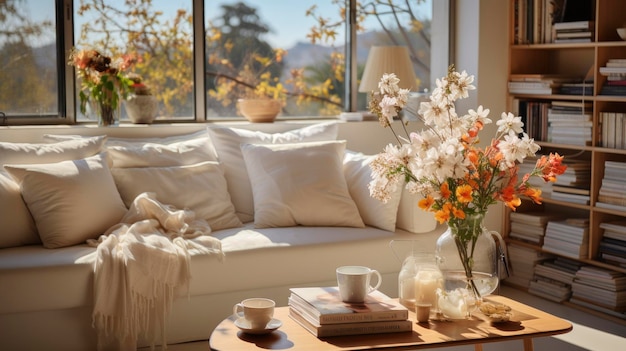 un canapé blanc avec un oreiller blanc et un vase de fleurs dessus