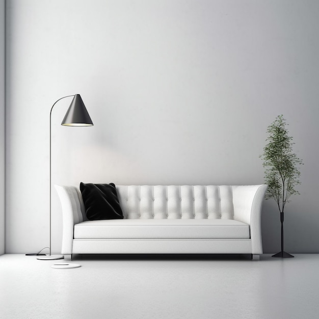un canapé blanc avec un oreiller noir et une lampe au sol.