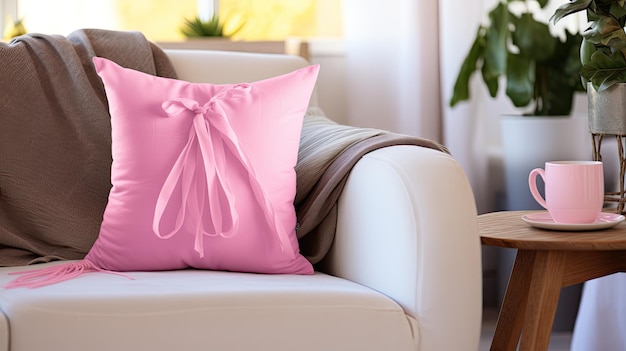 Un canapé blanc avec un oreiller rose au sommet pour la journée du cancer du sein