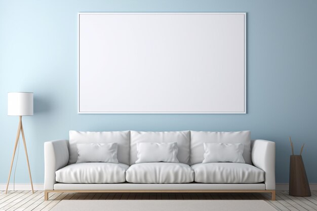 un canapé blanc avec des oreillers et une lampe sur un mur bleu