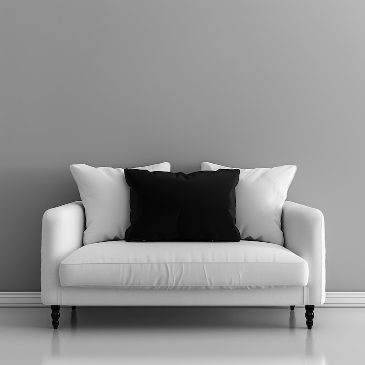 Photo un canapé blanc avec des oreillers et un mur derrière