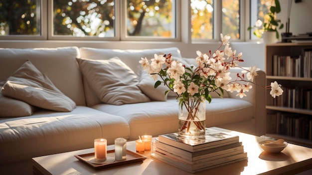 un canapé blanc avec un vase de fleurs et un livre sur la table