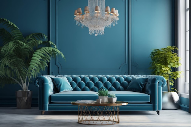 Le canapé bleu de la chambre, les meubles de la maison, le mur, génère Ai.
