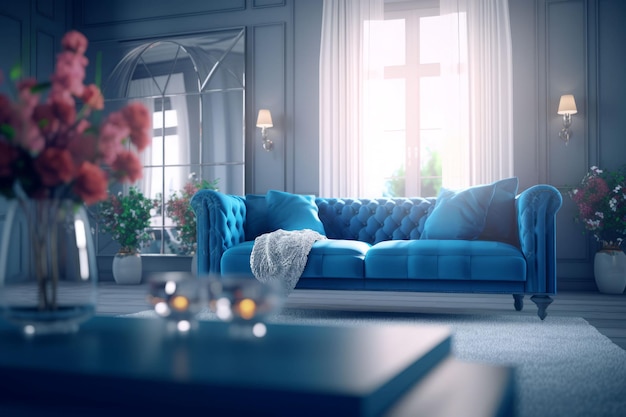 Canapé bleu chambre mur de meubles de maison générer Ai