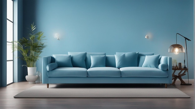 Un canapé bleu ciel hyper réaliste avec un fond bleu clair sur le mur 8k
