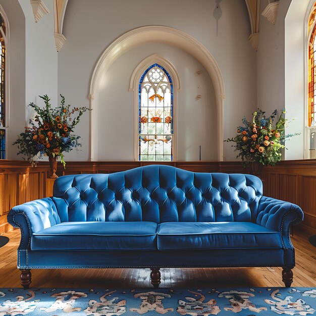 Un canapé bleu dans une église avec un vitrail derrière elle et un tapis bleu sur le sol un