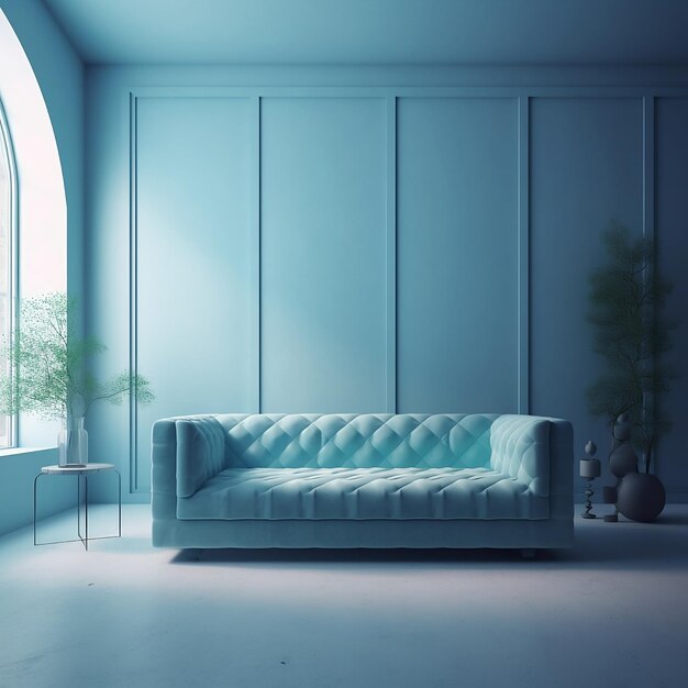 Photo un canapé bleu dans une pièce avec une plante sur le côté droit.