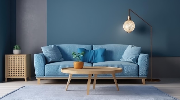 Un canapé bleu dans un salon avec une lampe au mur.