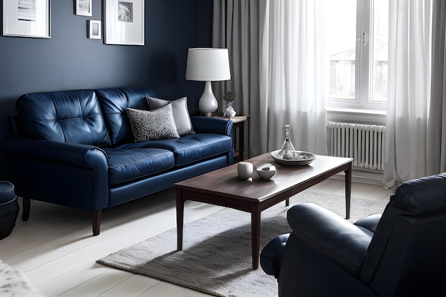 Canapé bleu foncé et fauteuil inclinable dans un appartement scandinave Conception intérieure d'un salon moderne