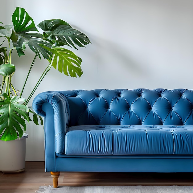 Un canapé bleu avec une grande plante devant.