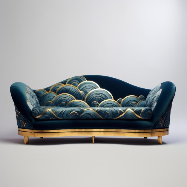 Un canapé bleu inspiré de l'art nouveau avec un design doré